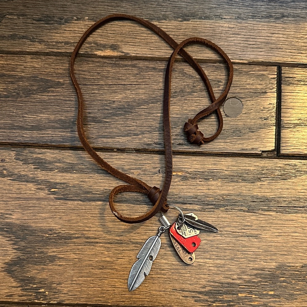 Unique Brown Leather Necklace Tags and Feathers